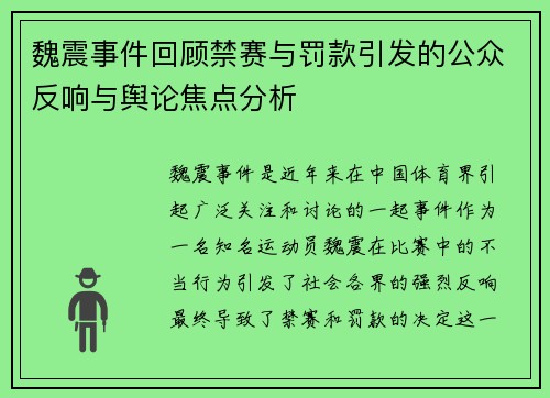 魏震事件回顾禁赛与罚款引发的公众反响与舆论焦点分析