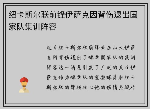 纽卡斯尔联前锋伊萨克因背伤退出国家队集训阵容